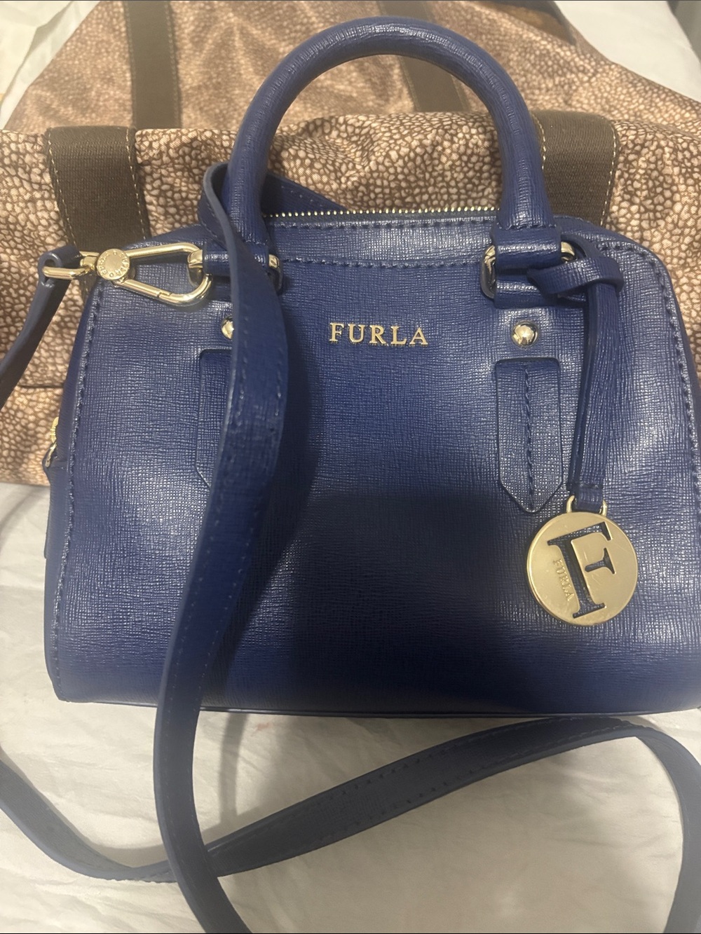Furla Navy Saffiano Leather Mini Satchel with Gold Hardware
